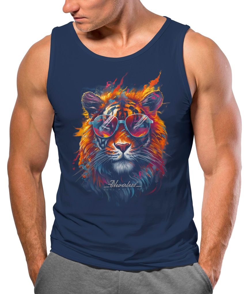 Herren Tank-Top Tiger Print Aufdruck Flammen Sommer Sonnenbrille Kunst Fashion Streetstyle Muskelshirt Neverless navy XXL