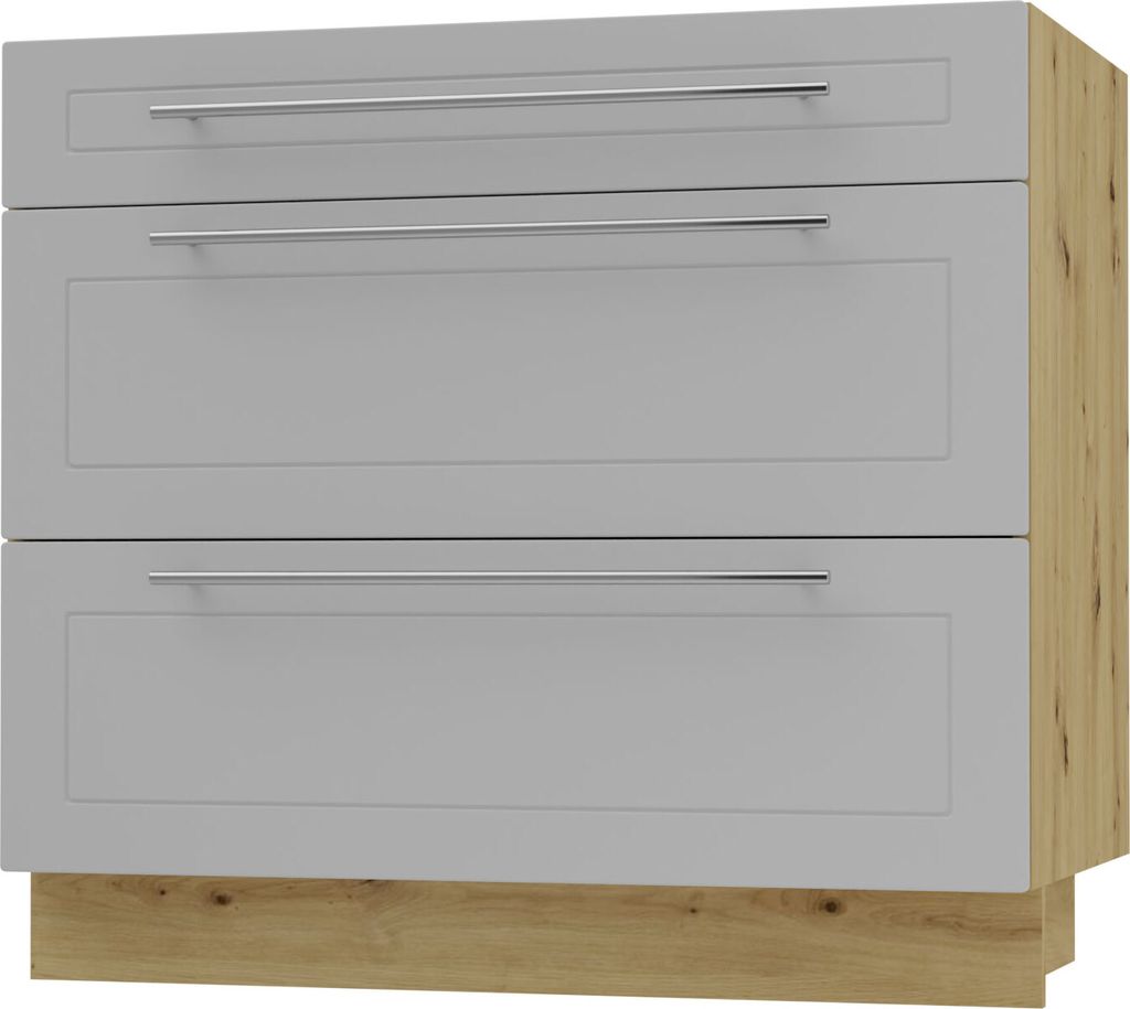 Schubladenunterschrank KVANTUM Vollauszug 90cm Korpus- & Frontfarbe wählbar (Q-D3A/90),dust grey matt,eiche artisan