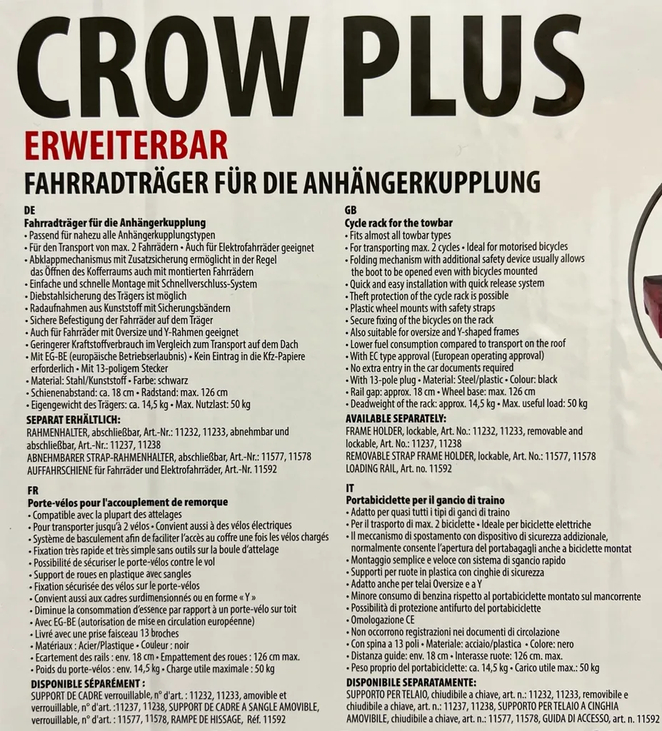 Porte-Vélos Attelage Basculant Eufab Crow Plus : Solution Coffre Libre - 15