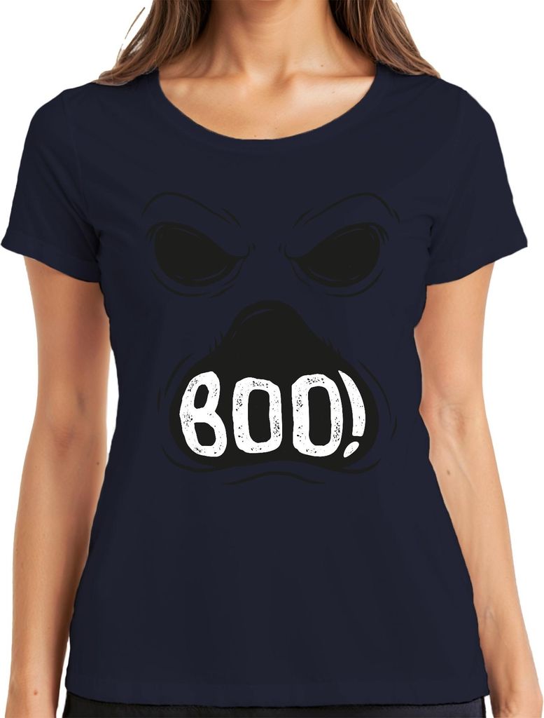 BOO! Halloween Gruselgesicht Geist Gespenst Spuk Retro Vintage Damen T-Shirt, Navy, XXL