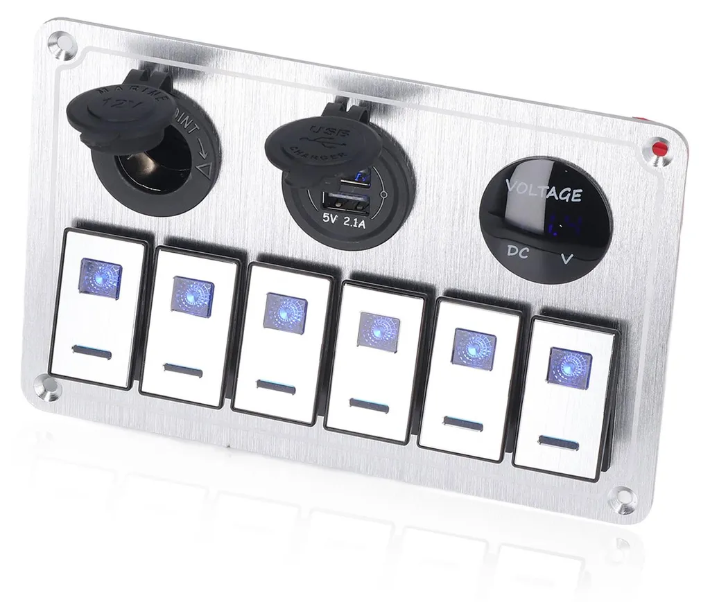 Panneau 6 switch LED bleu en aluminium avec chargeur USB pour bateau