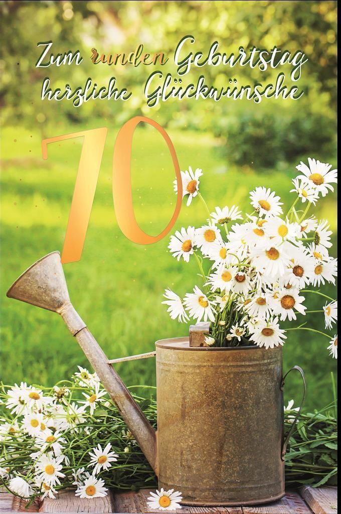 70. Geburtstag - Karte mit Umschlag - Gänseblümchen im Becher