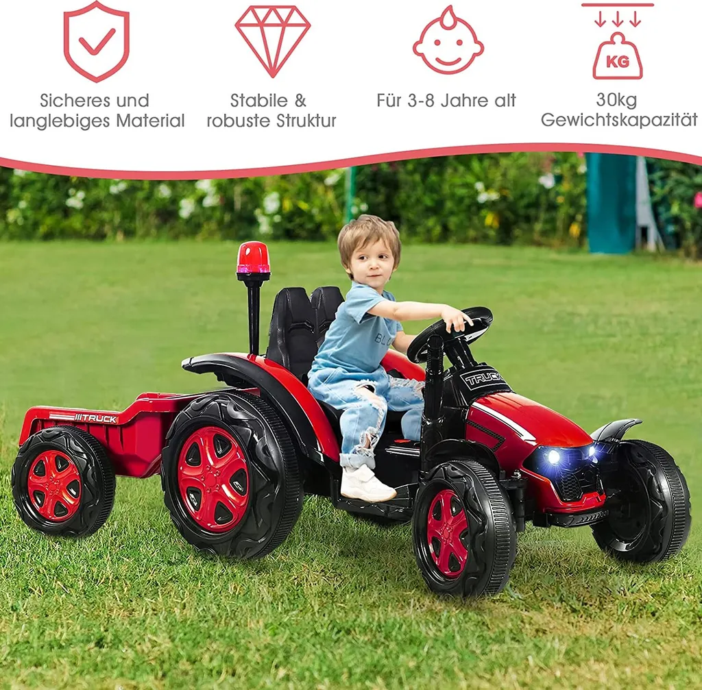COSTWAY Tracteur Électrique 12V avec Remorque et Télécommande - Rouge