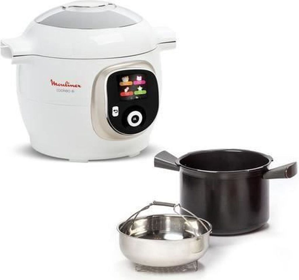 A multi-cooker with its accessories is displayed against a white background.