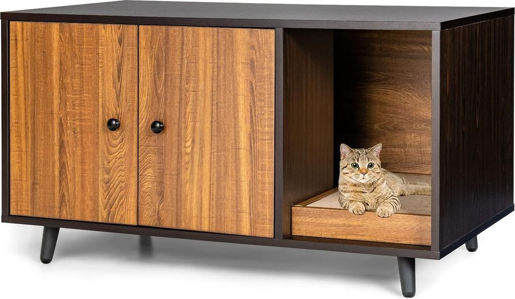 GOPLUS 2 in 1 Hölzernes Katzenklohaus und Beistelltisch, Haus für Katzentoilette mit Türen, Stahlbeine, abnehmbare Kratzbox, Wasser- und Kratzfe...