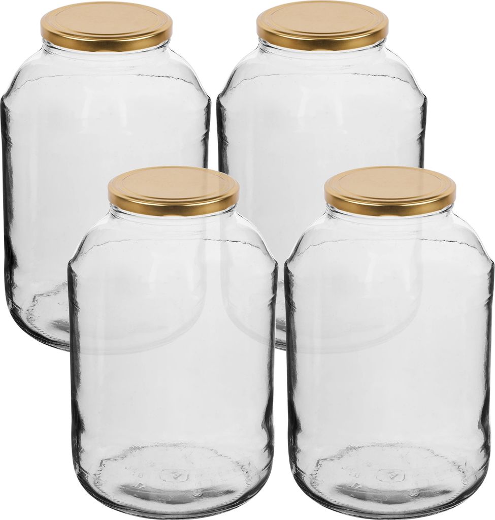 MIKONI Gurkenglas | 4 Liter | Gold Deckel | 4 Stück | Einweckgläser Einmachgläser Vorratsgläser Einmachglas Glas 4000 ml Konservenglas Schraubd...