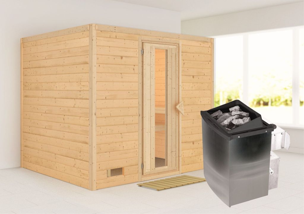 Karibu Sauna Innensauna Sonara Fronteinstieg Ofen 9 kW integr. Strg 231x195x200 cm ohne Dachkranz mit Energiespartür