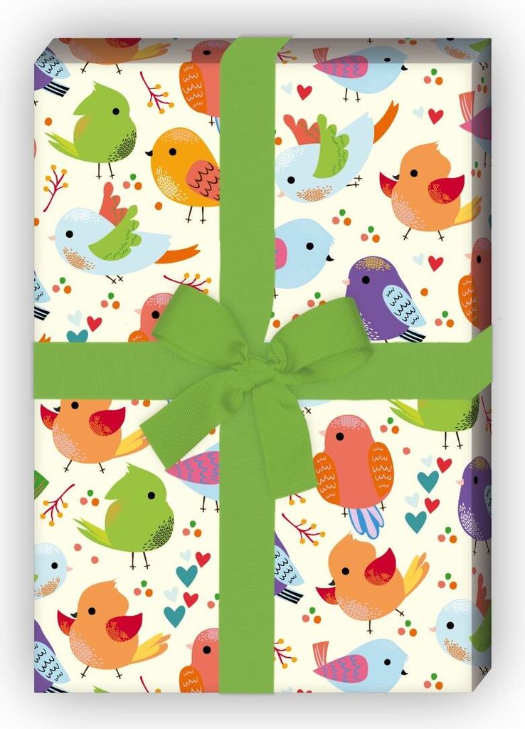 Kunterbuntes Geschenkpapier mit süßen Vögeln und Herzen, lila - G8209, 32 x 48cm