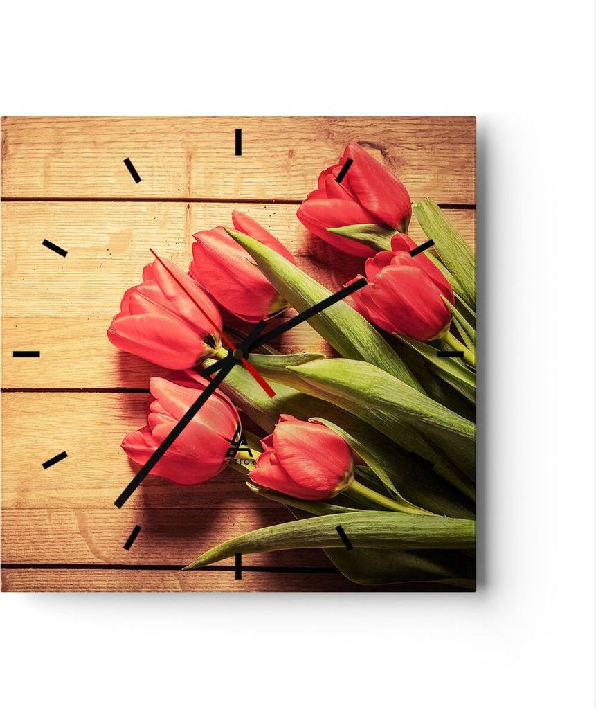 Wanduhr - Quadrat - Glasuhr - Tulpen Blumenstrauß Sommer Garten - 40x40cm - Schleichendes Uhrwerk - Lautlos - zum Aufhängen bereit - Dekoration M...