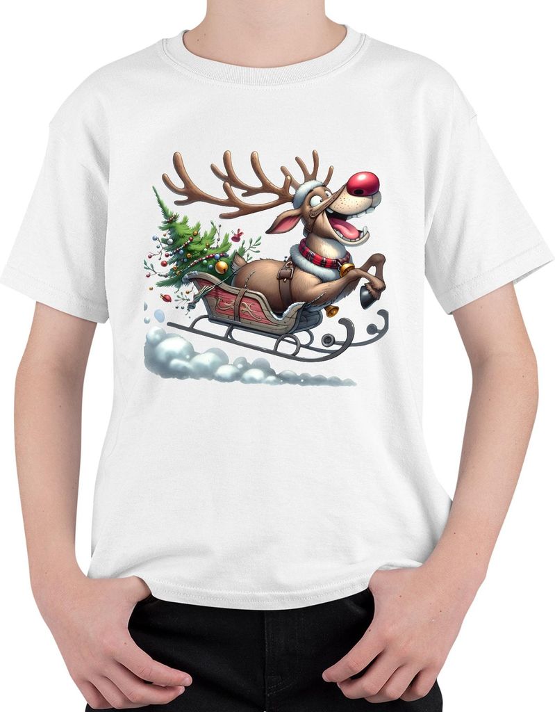 Rudolph Rentier Schlitten Weihnachtsbaum Glöckchen Cartoon Lustig Uni Kinder T-Shirt, Weiß, 128
