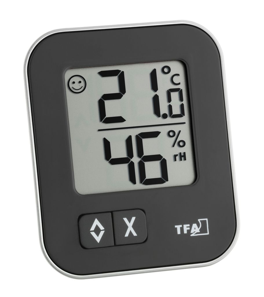 A digital thermo-hygrometer is shown against a white background.