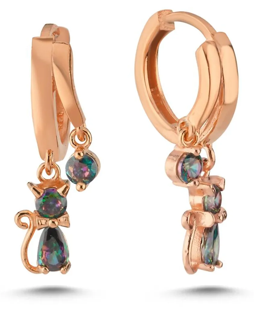 Boucles d'oreilles créoles chat en argent doré et topaze mystique