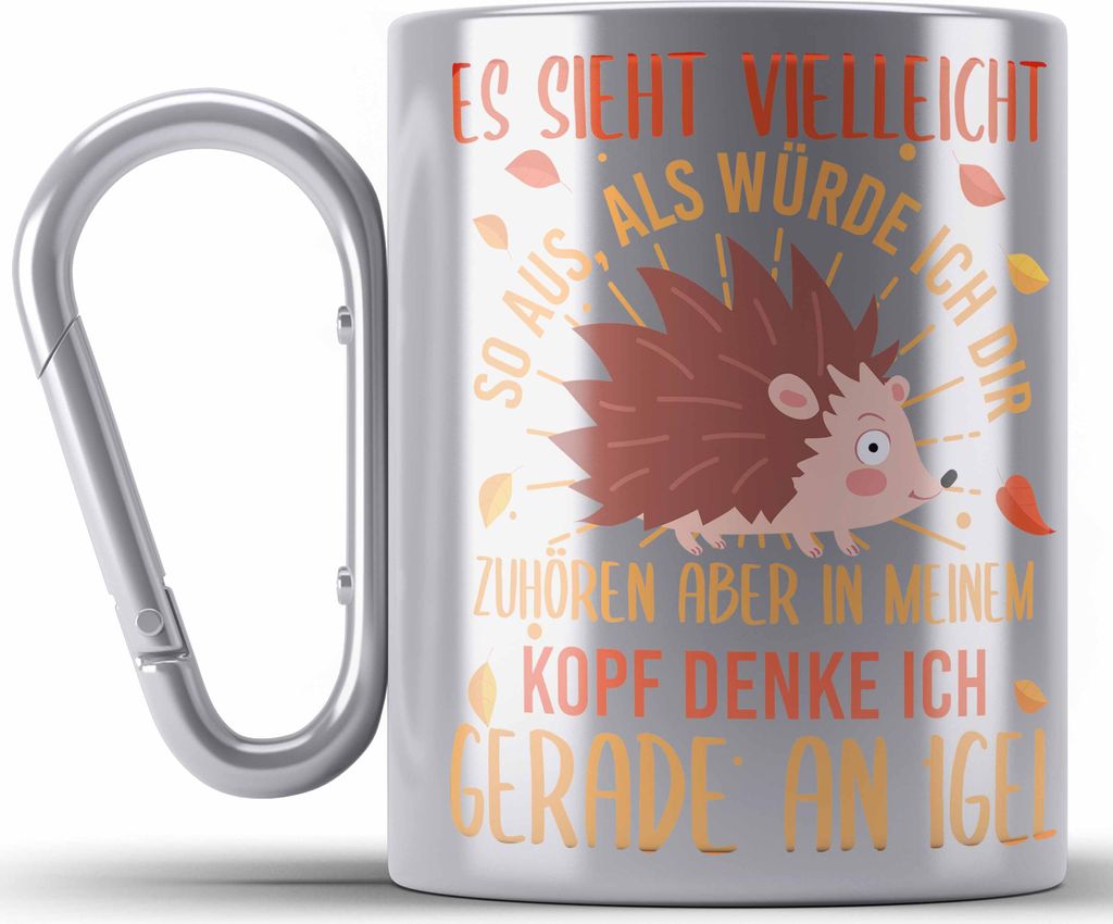 Trendation - Lustige Igel Grafik Edelstahl Tasse Karabiner für Igel Liebhaber als Geschenk (Silber)