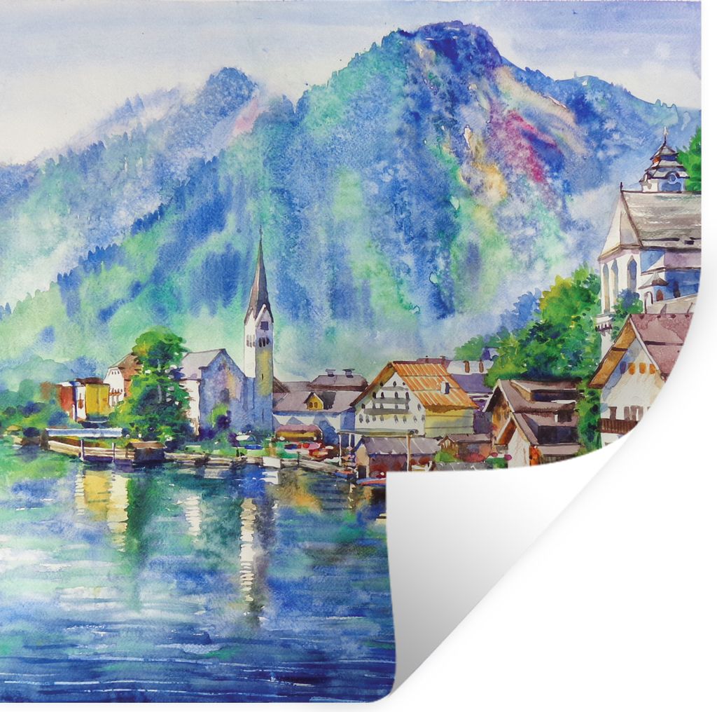 MuchoWow Wandtattoo Wandsticker Wandaufkleber Gemälde - Ölfarbe - Haus - Berge - Wasser 80x80 cm Selbstklebend und Repositionierbar - Wierderve...