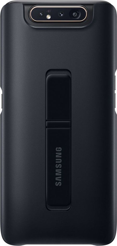 A black Samsung phone case with a kickstand is shown from the back.