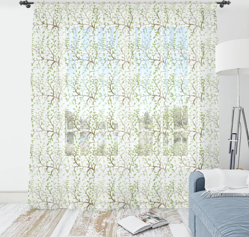 Tapis mural satiné vert tilleul motif branches d'arbres 240 x 274 cm