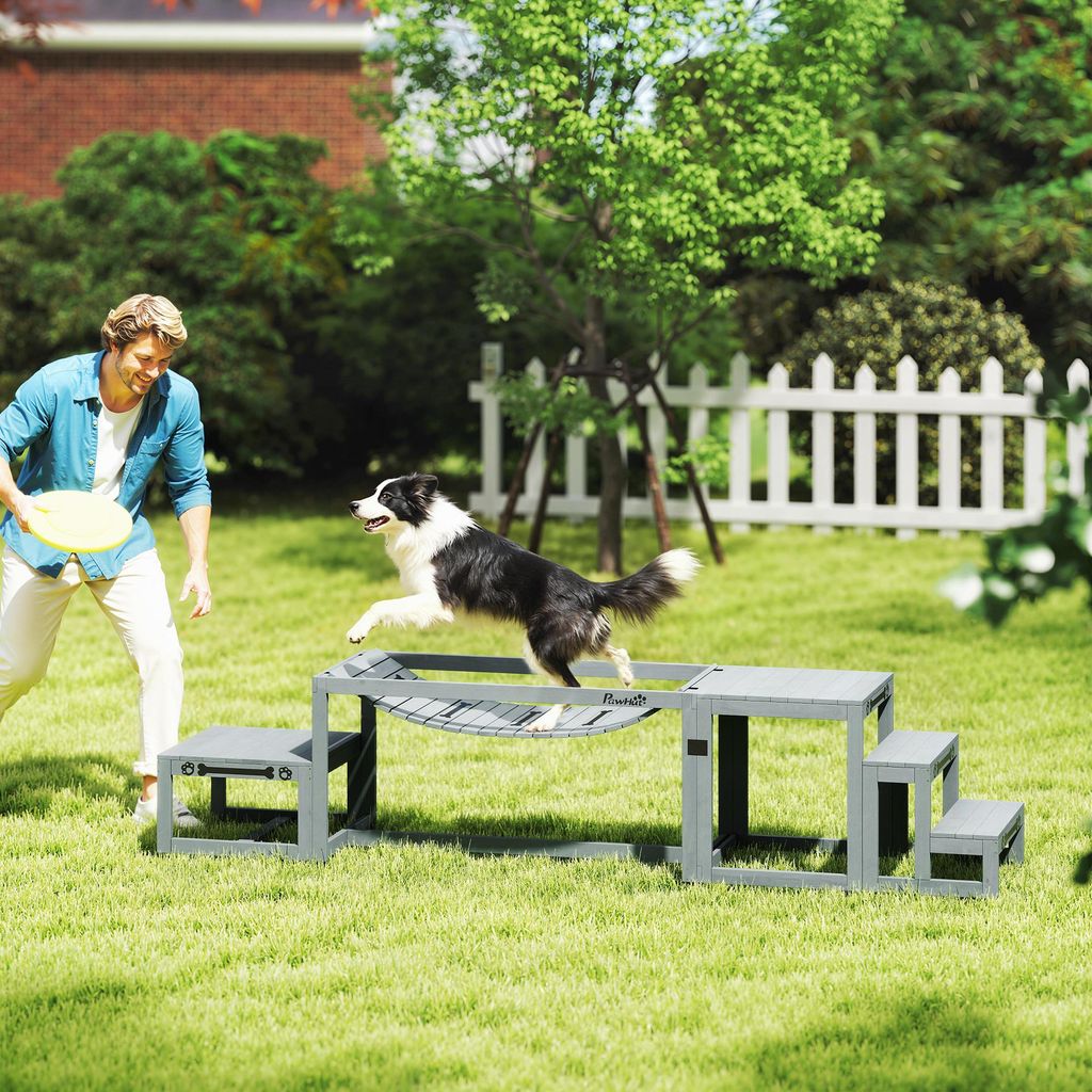 Hunde Agility Set 3-teilig mit Brücke Treppe Plattform, Holz-Trainingsstation für große Hunde, Tannenholz, Grau | 117x50x56 cm | bis 40 kg