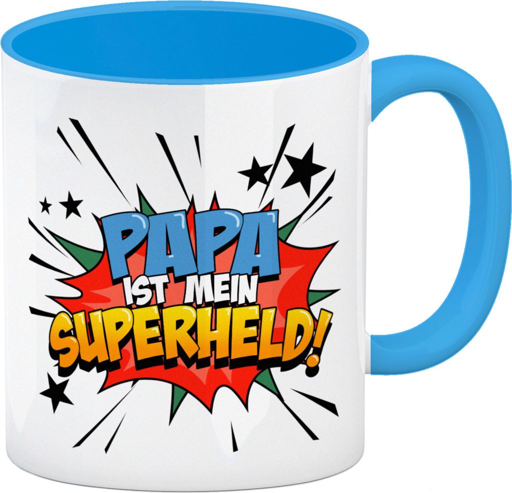 Kaffeetasse mit knalligem Comic Motiv und Spruch - Papa ist mein Superheld
