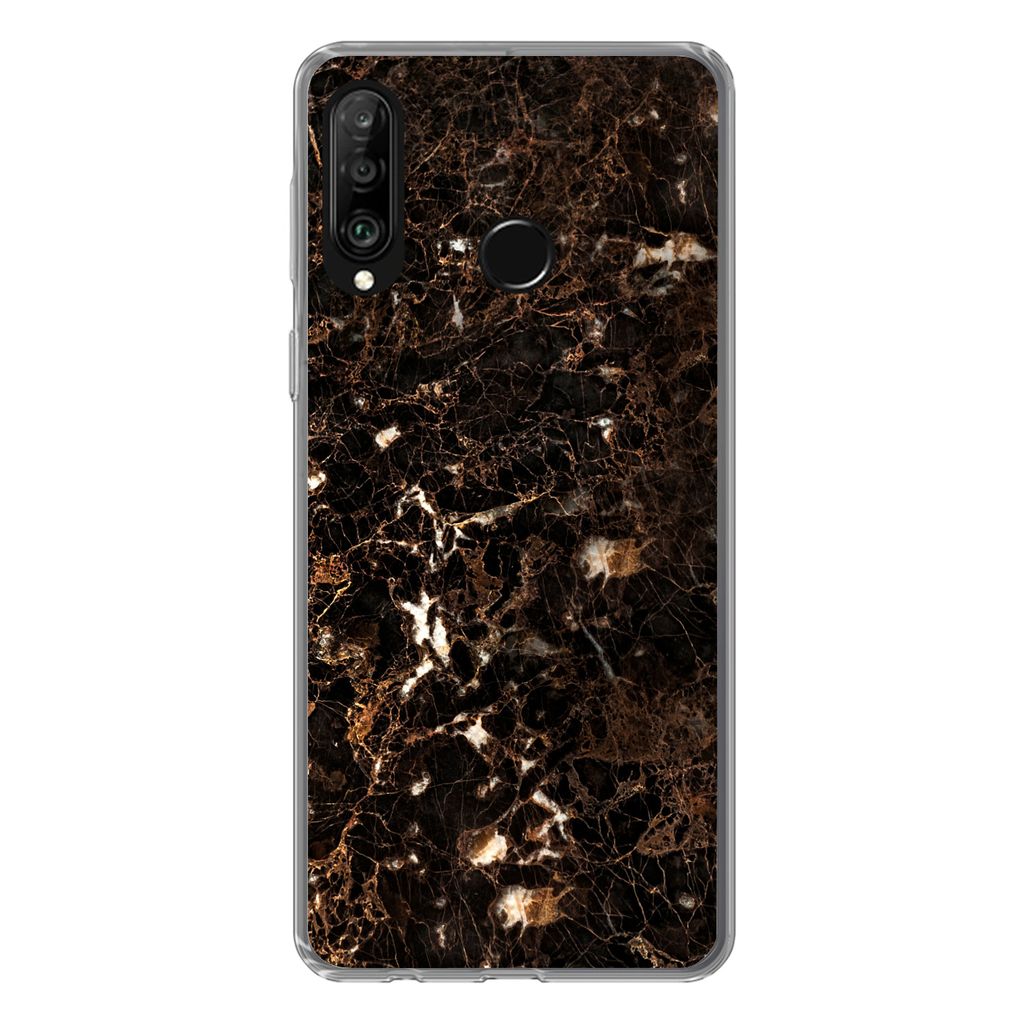 MuchoWow Handyhülle Schutzhülle Hülle für Huawei P30 Lite Marmor - Schwarz - Gold Silikon Softcase Handy Hülle - Handyhülle