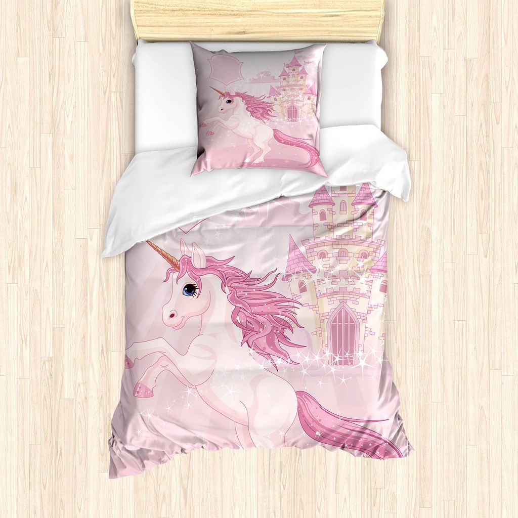ABAKUHAUS Schloss Bettbezug Set, Dream-wie Einhorn mit Imagination Fortress Childish Drucken, 135 x 200 cm + 80 x 80 cm, Blasse Eierschale Blasse Rosa