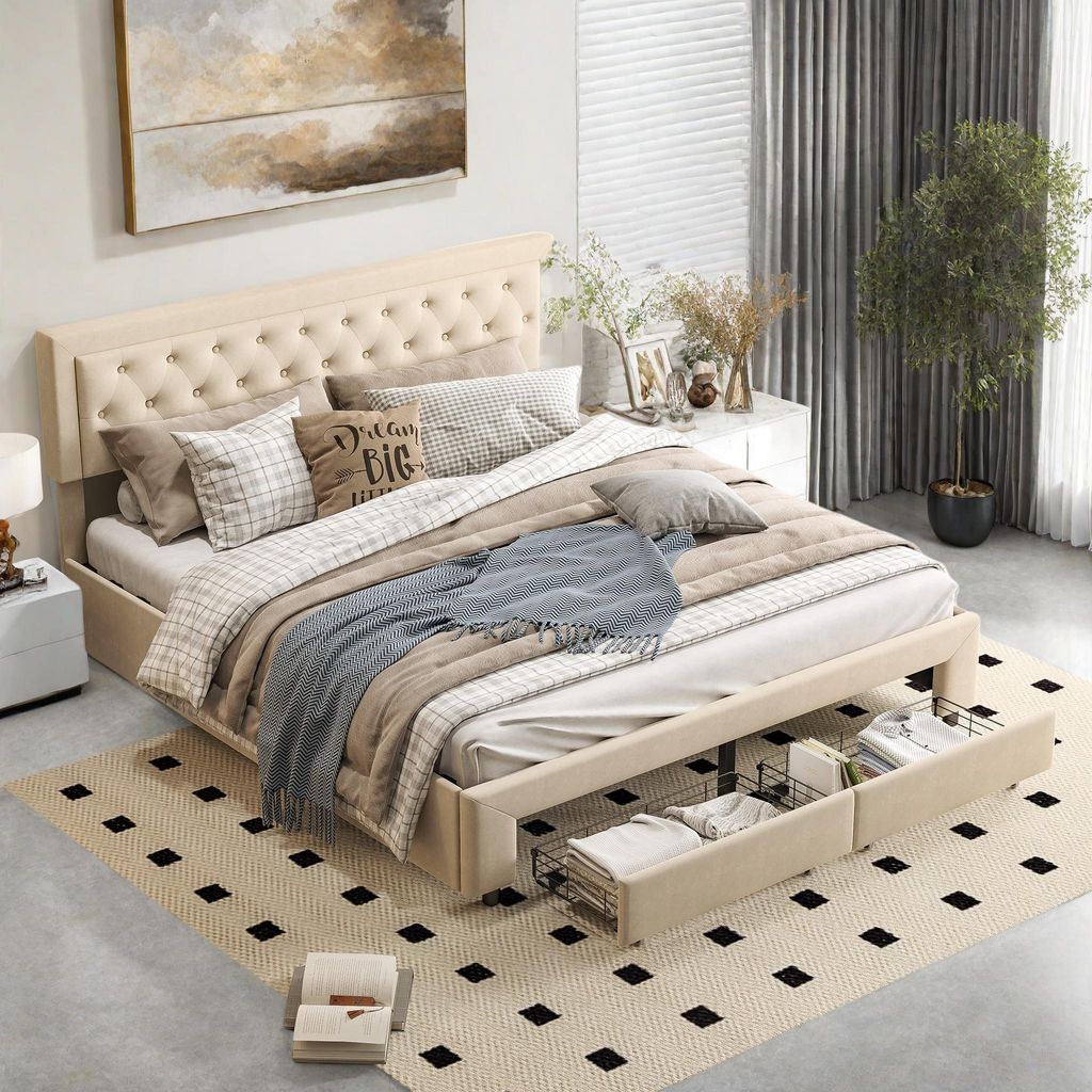 Gepolstertes beigefarbenes Samtbett mit Ziernägeln am Kopfteil und hydraulischem Stauraum, Schubladen am Fußende, Kingsize 180 x 200 cm, modernes...