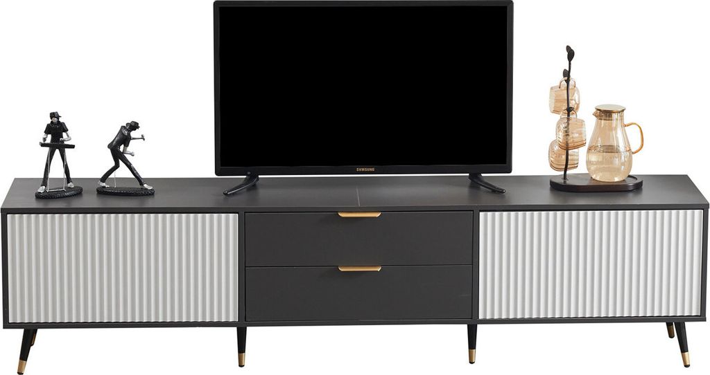 Eleganter Grau-Weißer TV-Schrank 200x40x50 cm - Mit 2 Schubladen, 2 Türen und Kabelmanagement, Modernes Design