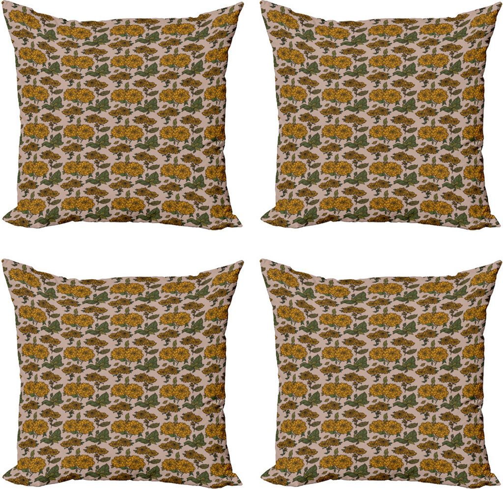 ABAKUHAUS Blumen Kissenbezug Set (4 Stück), Vintage Dahlie-Blumen-Kunst, Moderner Doppelseitiger Digitaldruck, 50 cm x 50 cm, Olivgrün Marigold