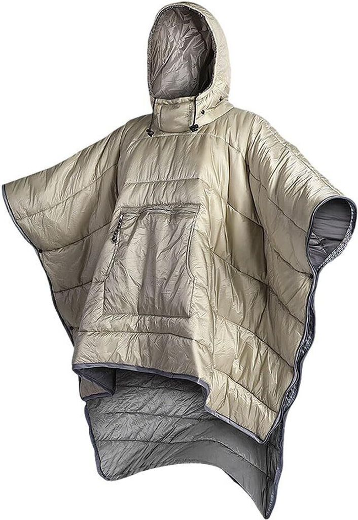 2-in-1-Winter-Poncho-Mantel Mit Großer Fronttasche Und Winddichter Mütze, 200cm Outdoor-Camping-Schlafsack, Tragbare Kapuzendecke(Khaki)
