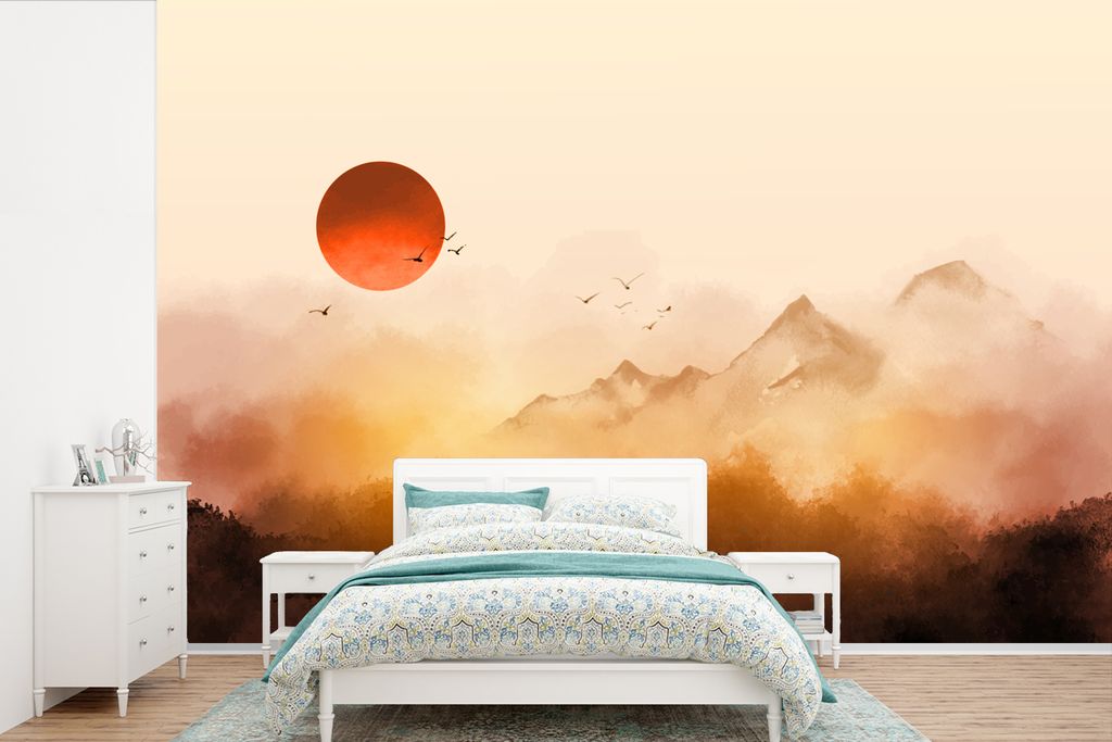 MuchoWow Fototapete für Wohnzimmer oder Schlafzimmer Wandtapete Vinyl Motivtapete Malerei - Sonne - Landschaft - Vögel - 330x220 cm - Fototapeten