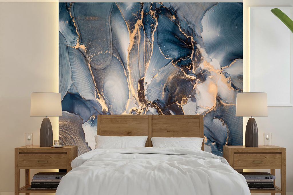 MuchoWow Fototapete für Wohnzimmer oder Schlafzimmer Wandtapete Vinyl Motivtapete Marmor - Grau - Blau - Luxus - Gold - 300x300 cm - Wanddekoration