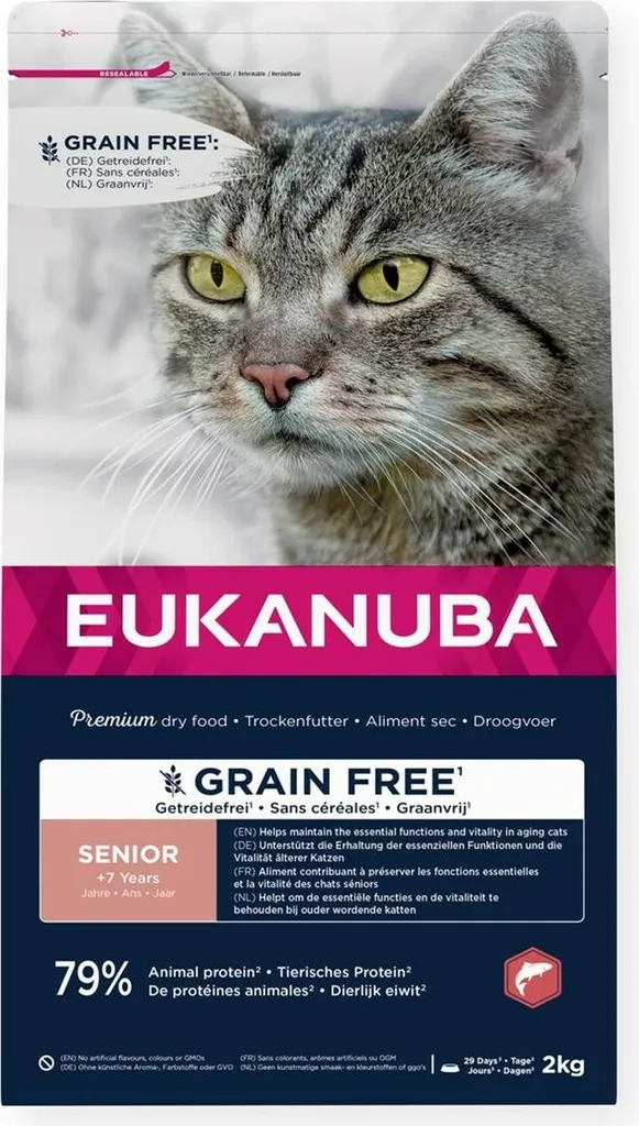 Alimentation Chat Senior sans Céréales Eukanuba Saumon en Sac de 2 kg
