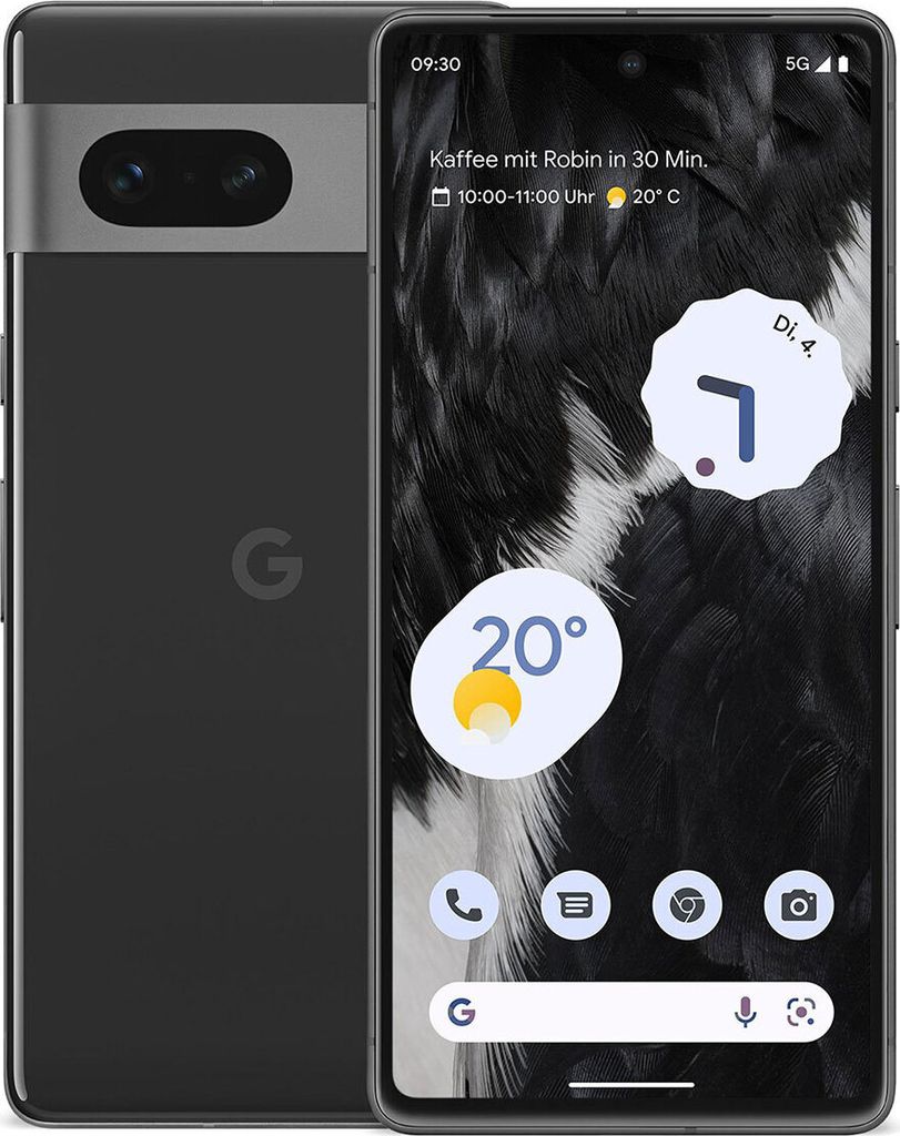 A Google Pixel 7 smartphone is shown from the front and back, displaying its screen with widgets and the Google logo on the back.