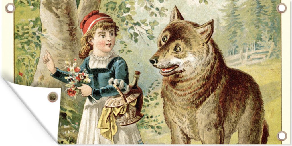 MuchoWow 160x80 cm Outdoor-Poster Gartendeko Sichtschutz Garten Poster für den Garten Wolf - Rotkäppchen - Wald