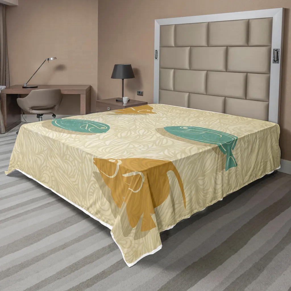 ABAKUHAUS Drap Plat Vintage Poisson et Vagues - 244 x 205 cm Sable