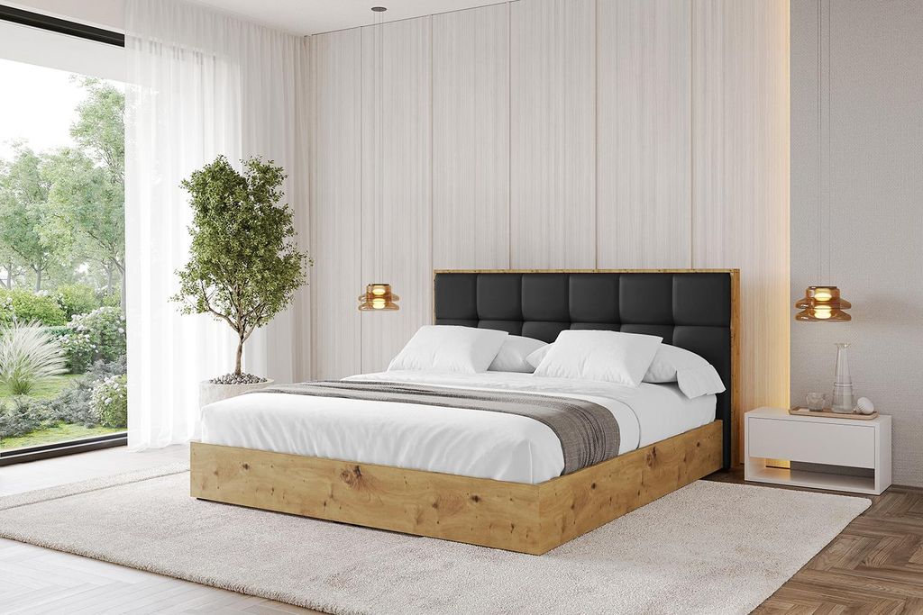 ALTDECOR Polsterbett mit Bettkasten - ENZO7 - 200x200 Schwarz Kunstleder- Bett mit Matratze H3/H4, Kopfteil, Boxbett, Doppelbett mit Stauraum