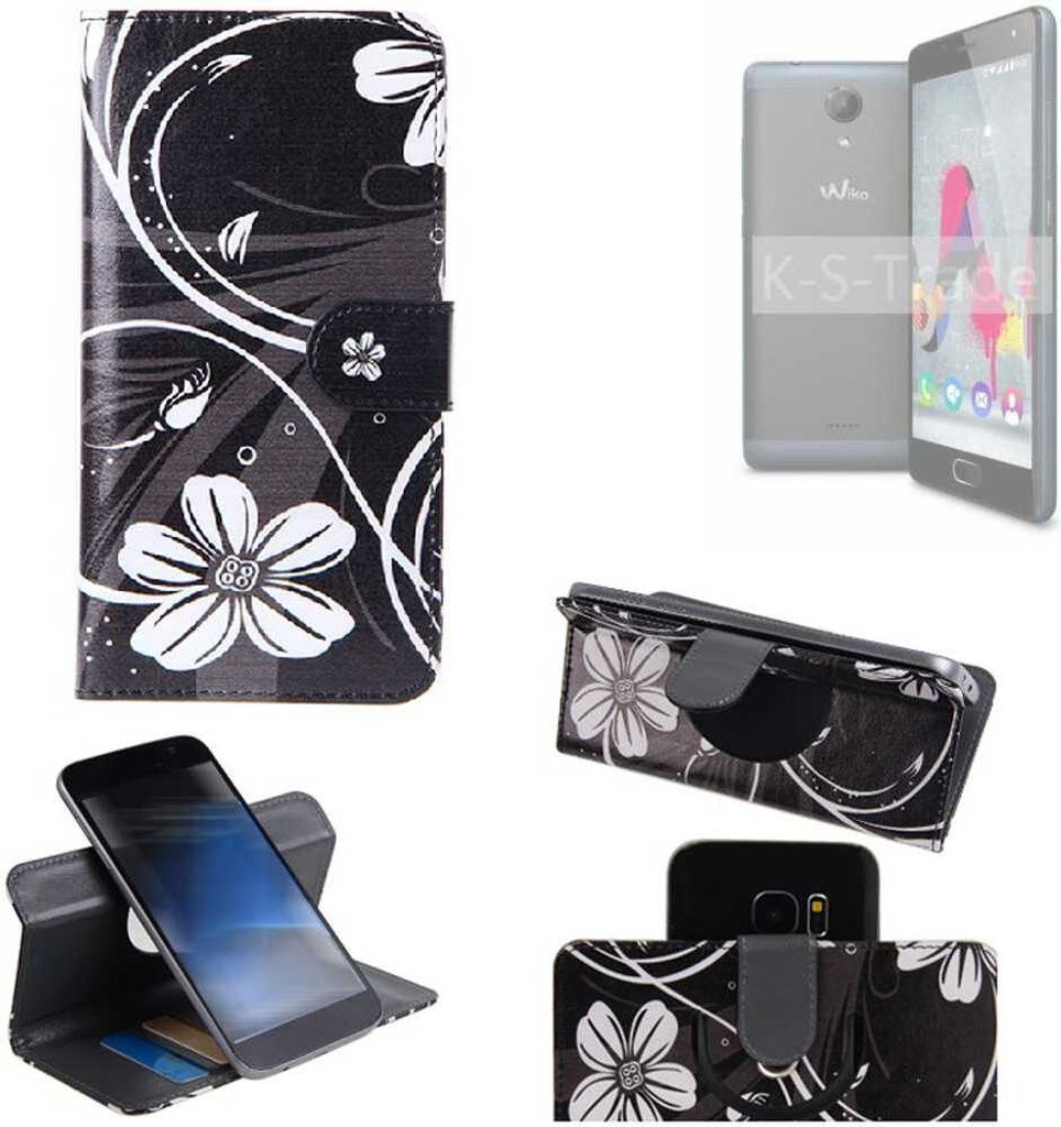 K-S-Trade Schutzhülle Handyhülle kompatibel mit Wiko U Feel Lite Hülle 360° Wallet Case ''Flowers'' Klapphülle Hülle schwarz-weiß 1x