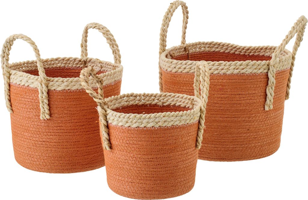 J-Line Set Von 3 Korb Mit Griffen Papier Dunkelorange/Naturell