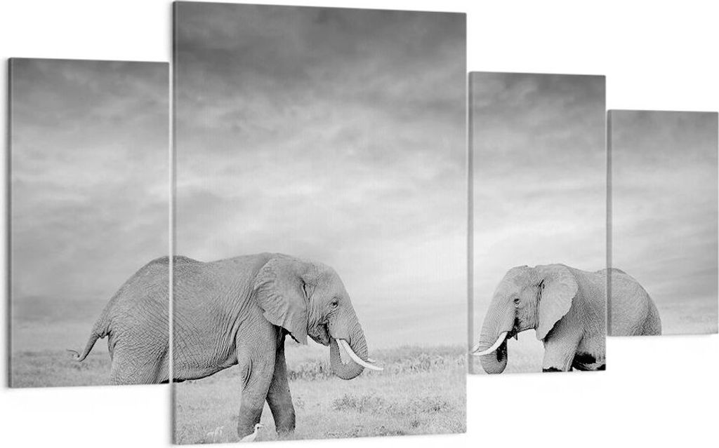 Bild auf Leinwand - Leinwandbild - 4 Teile - Elefanten Schwarzweiß Safari - 160x90cm - Wand Bild - Wanddeko - Wandbilder - Leinwanddruck - Bilder ...