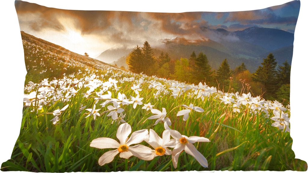 MuchoWow Zierkissen Sofakissen Wohnzimmer Dekokissen 50x30 cm Blumenfeld - Hügel - Sonnenuntergang - Berg - Natur - Weiß - Hügel - Wohnzimmerd...