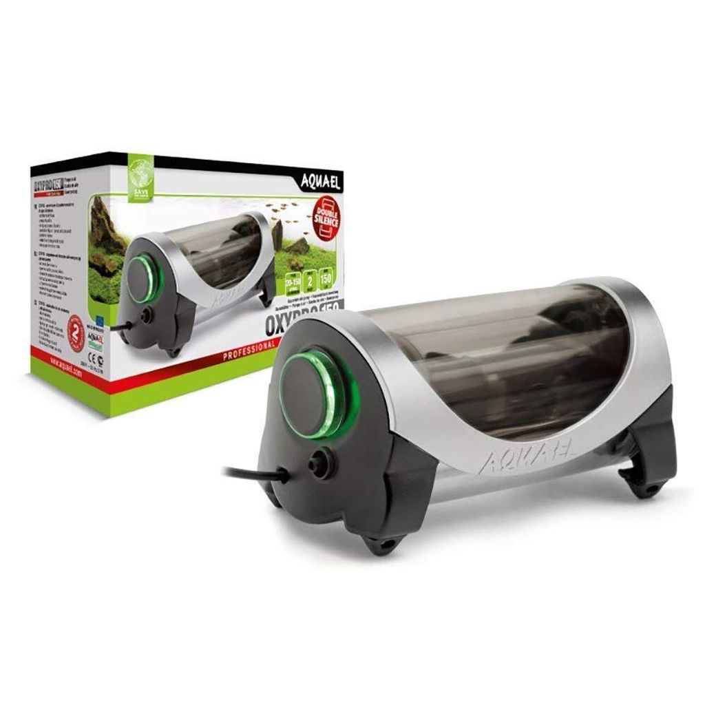 A product shot of an Aquael OXYPRO 150 air pump, with its packaging in the background.