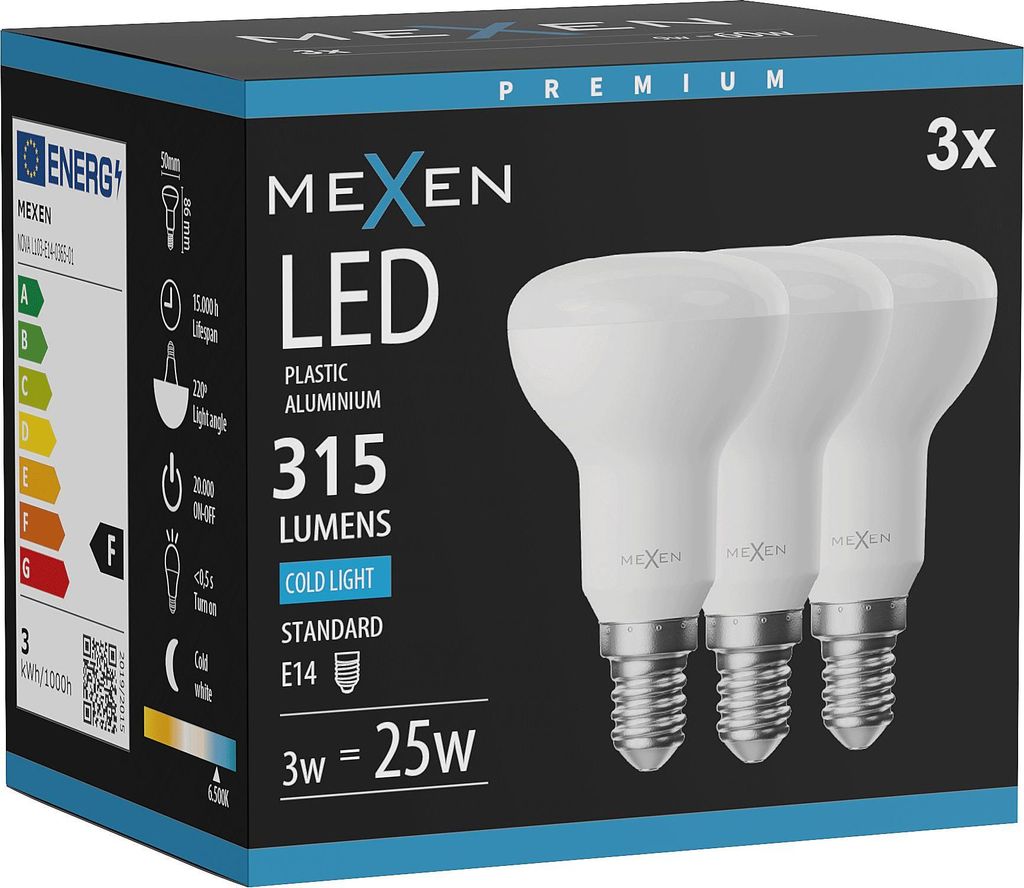 Mexen Nova 3x LED-Glühbirne E14, R50, 3W, Kalt - 6500K, 315 lm - L103-E14-0365-01x03