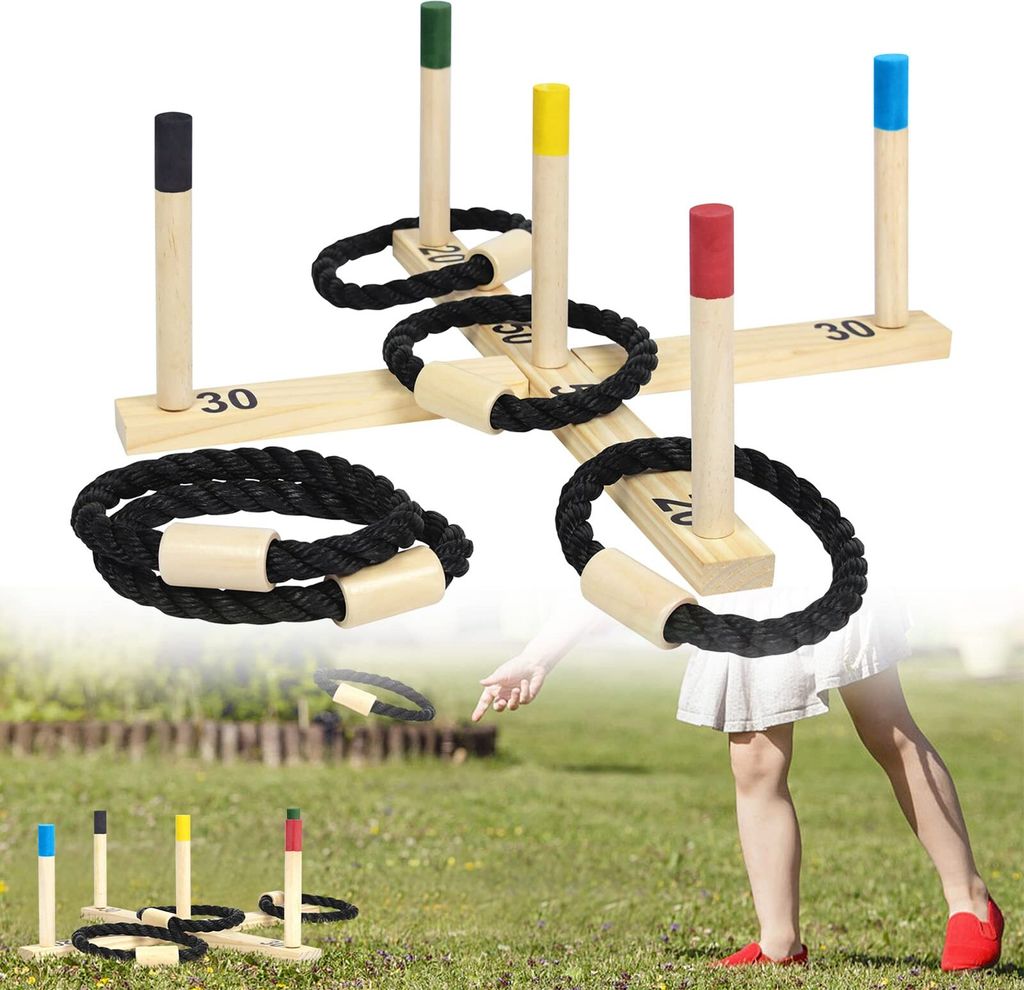 YARDIN Ringwurfspiel Wurfspiel Kinder Outdoor - Holz Ringe Werfen Spiel mit 5 Pcs Seilringe und 5 Bunt Spielstäben - für Kinder und Erwachsene Fa...