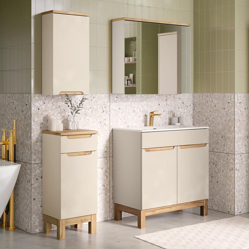 Badmöbel-Set 4-teilig mit 80 cm Waschtisch & Spiegelschrank in kaschmir und Eiche, modern grifflos - SOLNA-56-CASHMERE