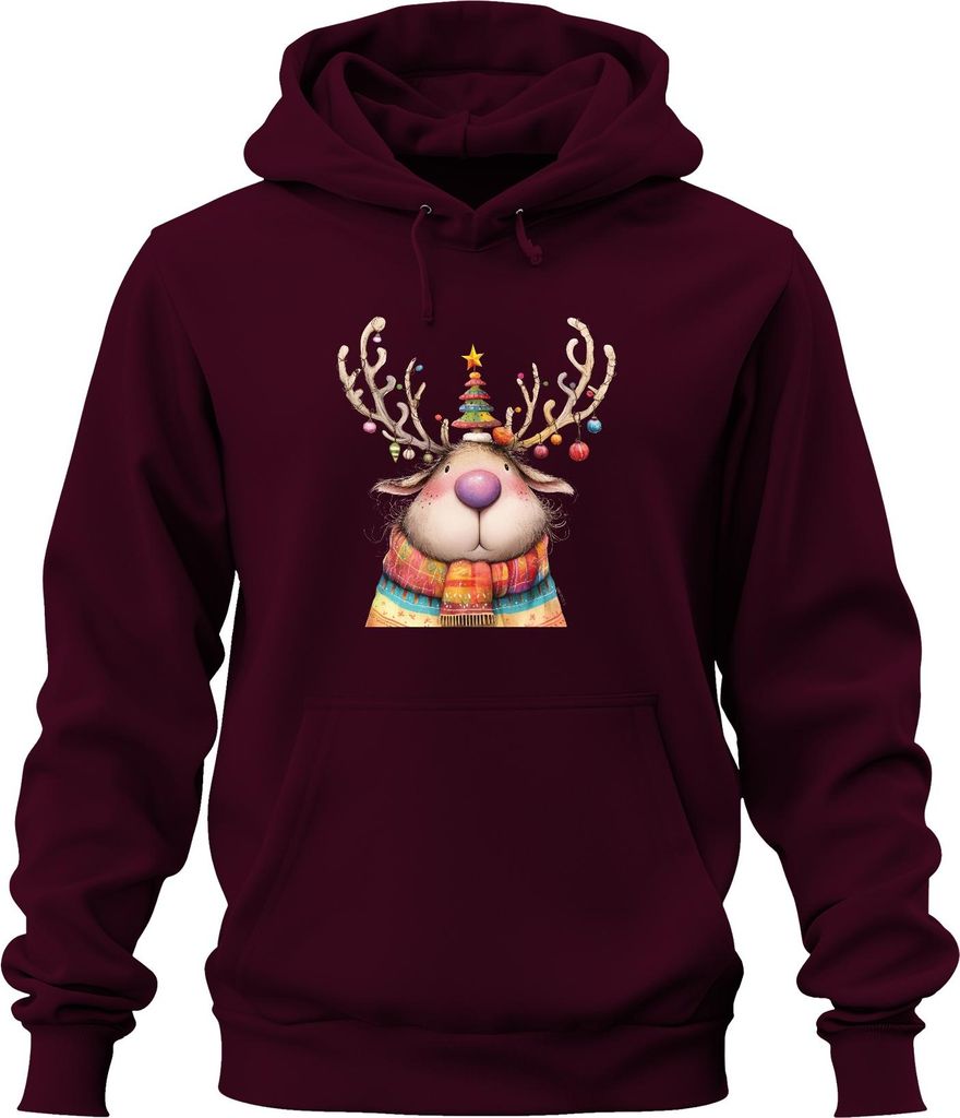 Niedliches Weihnachtsrentier rosa Nase bunter Schal Geschenk Uni Hoodie Kapuzenpullover, Burgundy, S