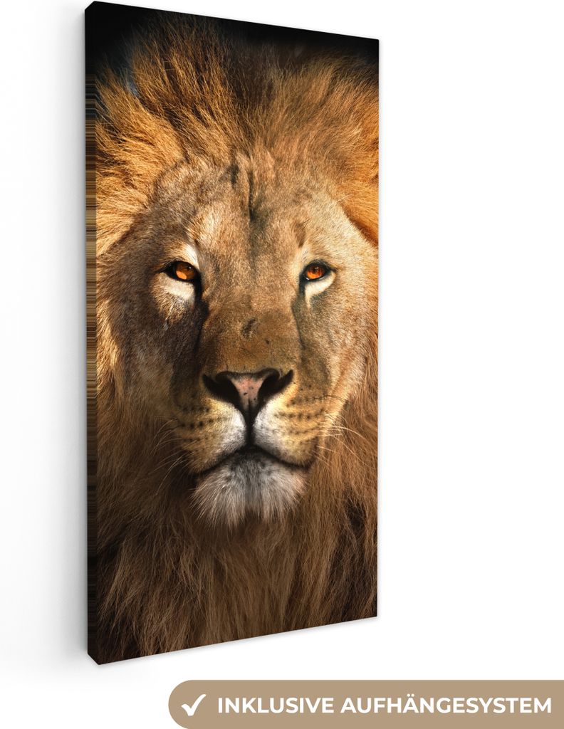 MuchoWow - Leinwandbilder - Löwe - Tiere - Schwarz - Hell - Braun - Porträt, Wandbild, Wanddeko Bilder Wohnzimmer, 40x80 cm