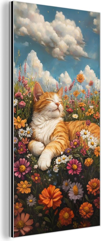 MuchoWow Wanddekoration Metall Metallbild Wandkunst 40x80 cm Katze - Blumen - Entspannen MuchoWow Aluminium Gemälde - Wanddekoration - Industrial