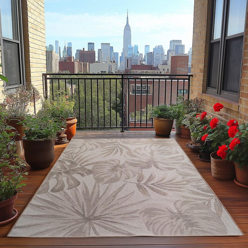 Beiger Outdoor-Teppich, wetter- und UV-beständig, für Küche, Balkon, Terrasse, Garten, Wohn- und Esszimmer, Laubwerk 280 x 370 cm