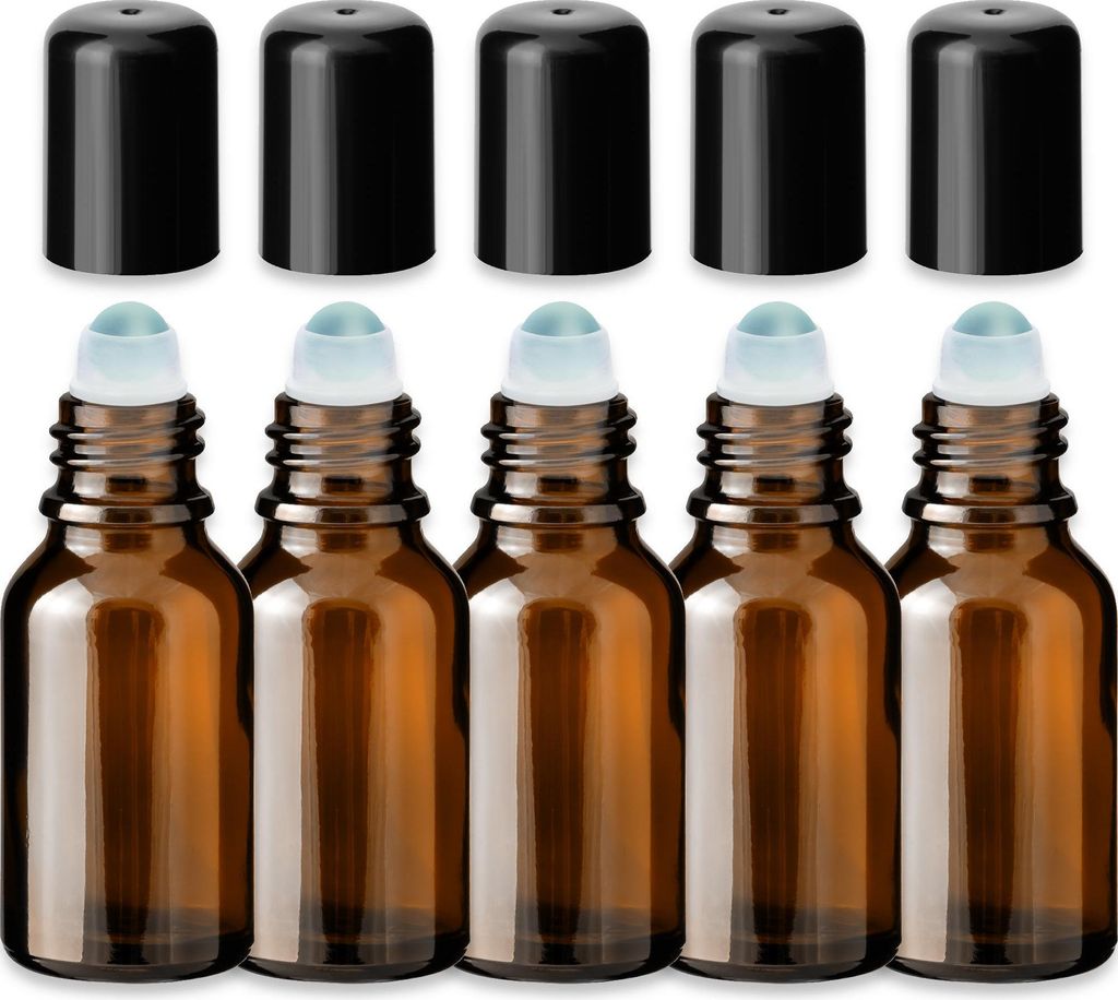 5x Braune Glasflasche 15 ml Roll On mit schwarzem Produktbild 