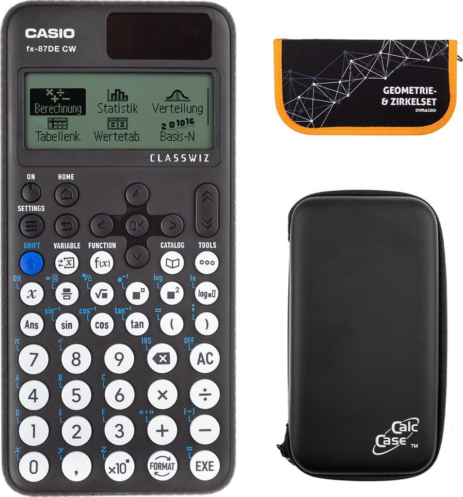 Casio FX-87 DE CW mit CalcCase-Schutztasche und Zirkelset orange