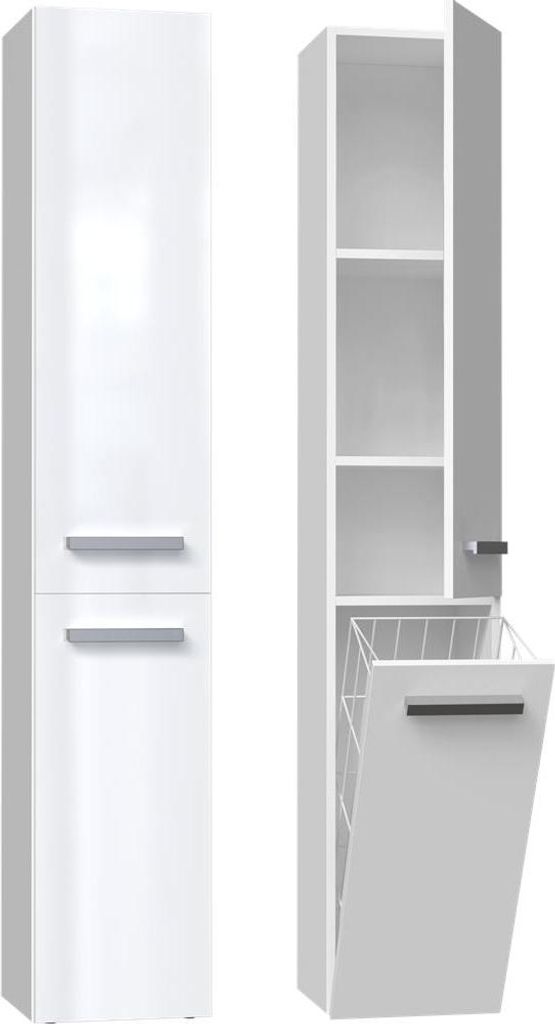 Badezimmerschrank NEL IV – Moderner Aufbewahrungsschrank mit langer Tür und Korb | Mattweiß | 174x31x30 cm